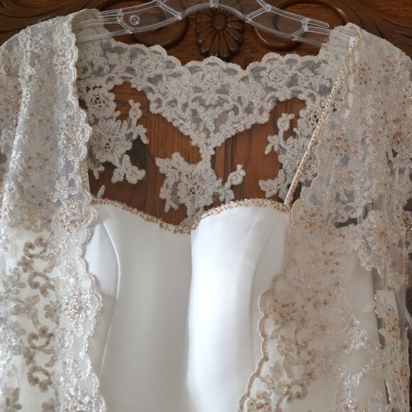 2 piece Vintage Oleg Cassini Collection Ivory Wedding Dress Lace Beaded Jacket 4 - Picture 3 of 16